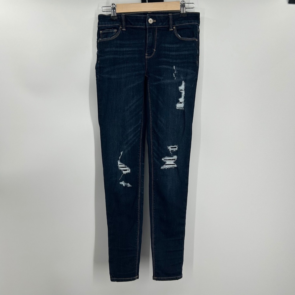 White House Black Market Skinny Leg Distressed Dark Wash Blue Jeans Size 0R